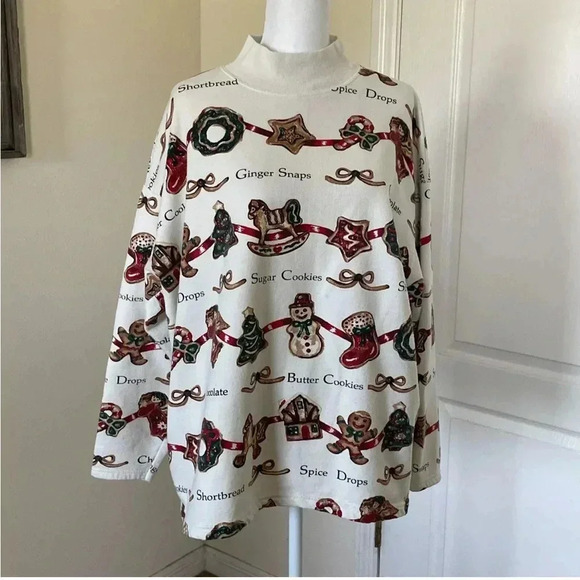 Vintage Christmas Cookies Sweatshirt Women’s All Over Print Grandma Grannycore L - Picture 1 of 7